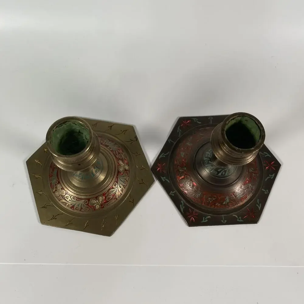 Vintage Indian Enamel Metal Candlestick Pair Hexagon Multicolor Tabletop Decor